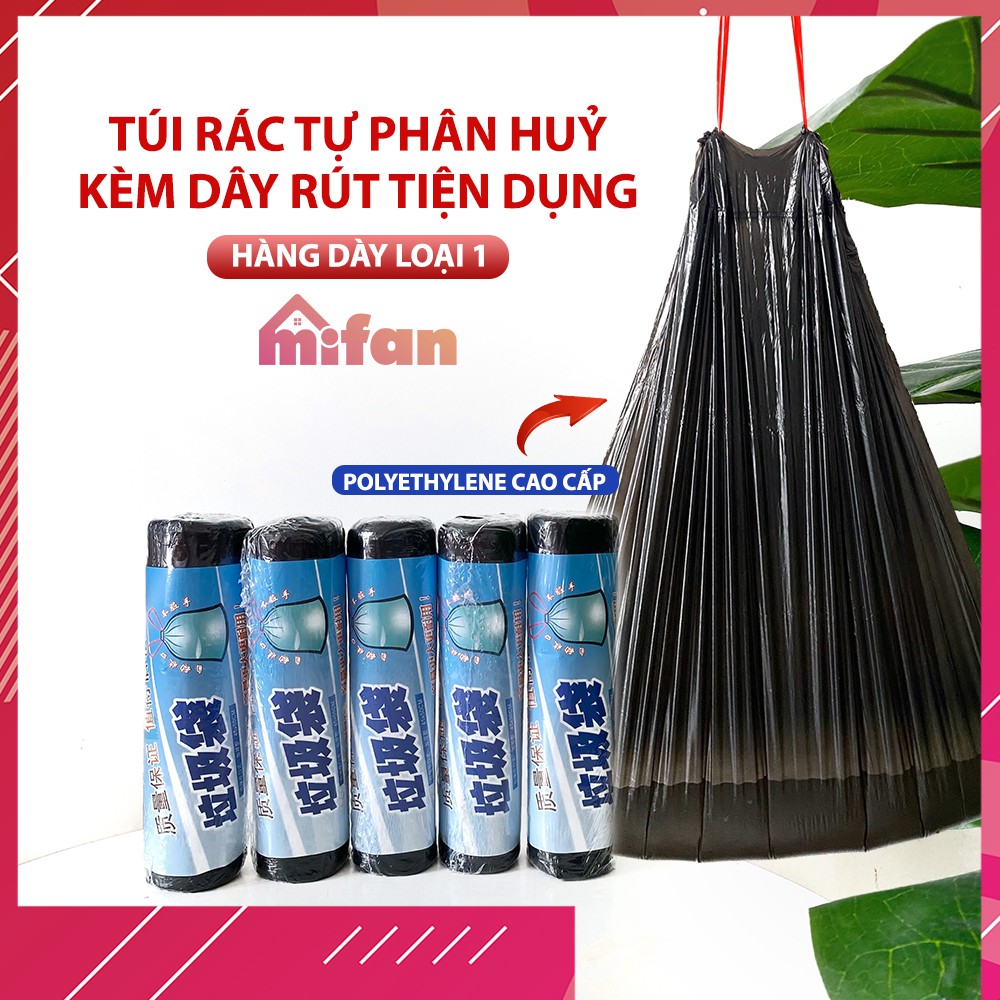 Combo 20 Cuộn Túi Đựng Rác Đen Tự Phân Huỷ Có Dây Rút - 15 túi/cuộn - 45x50 cm - LOẠI DÀY - Tiện Dụng Sạch Sẽ Thông Minh