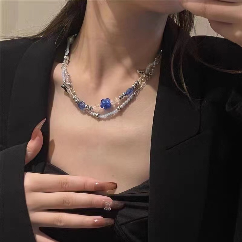 Vòng cổ Chuỗi Hạt Nhiều Lớp Mặt Kính Và Hoa Bướm Đính Ngọc Trai