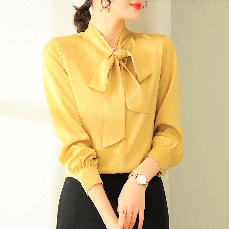 Áo Sơ Mi Kiểu Công Sở Đẹp CHIPY Tay Dài Cổ Thắt Nơ Vàng Chất Lụa Cao Cấp From Rộng Hàn Quốc Ulzzang Vintage A1V | BigBuy360 - bigbuy360.vn