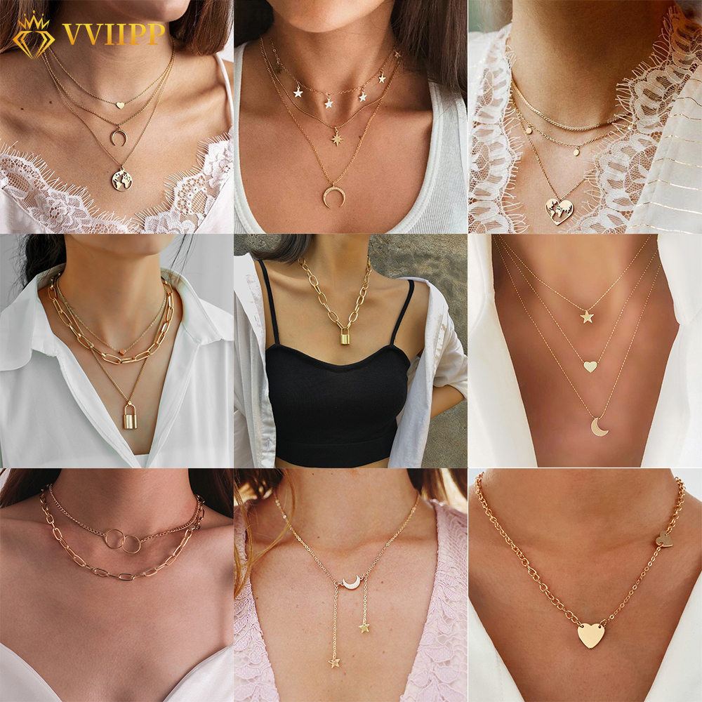 Dây Chuyền Mạ Vàng Nhiều Lớp Mặt Hình Trái Tim Phong Cách Hàn Quốc