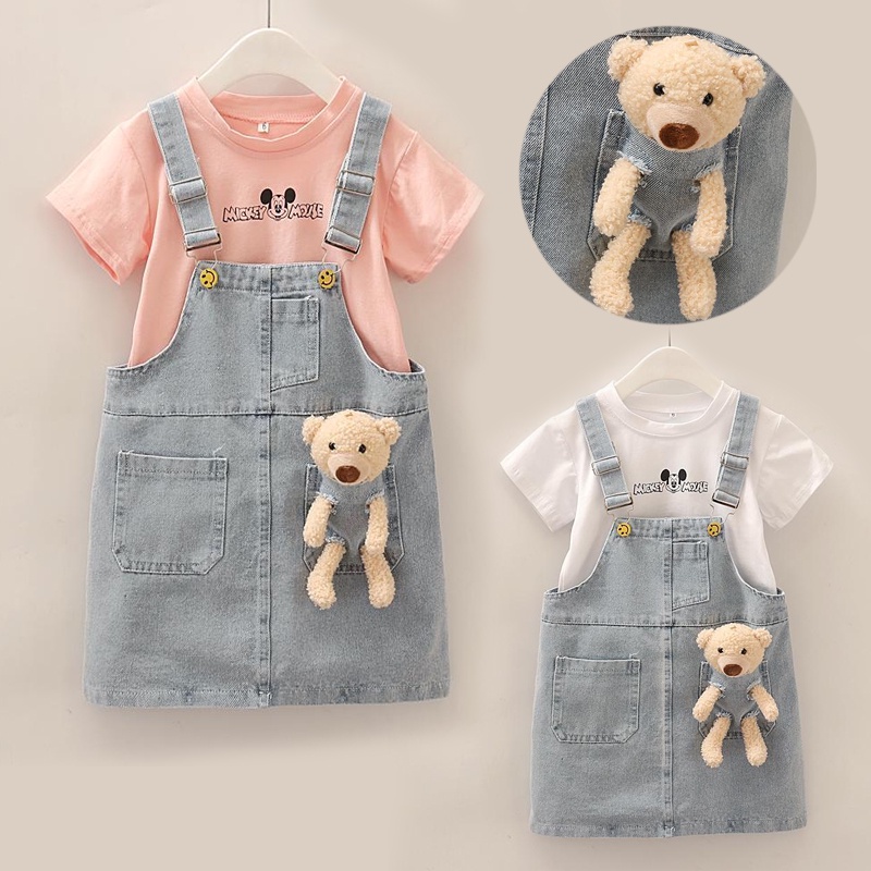 Set Áo Ngắn Tay + Chân váy jean Thời Trang Cho Bé Gái 2-5 - 7-9 - 11 Tuổi