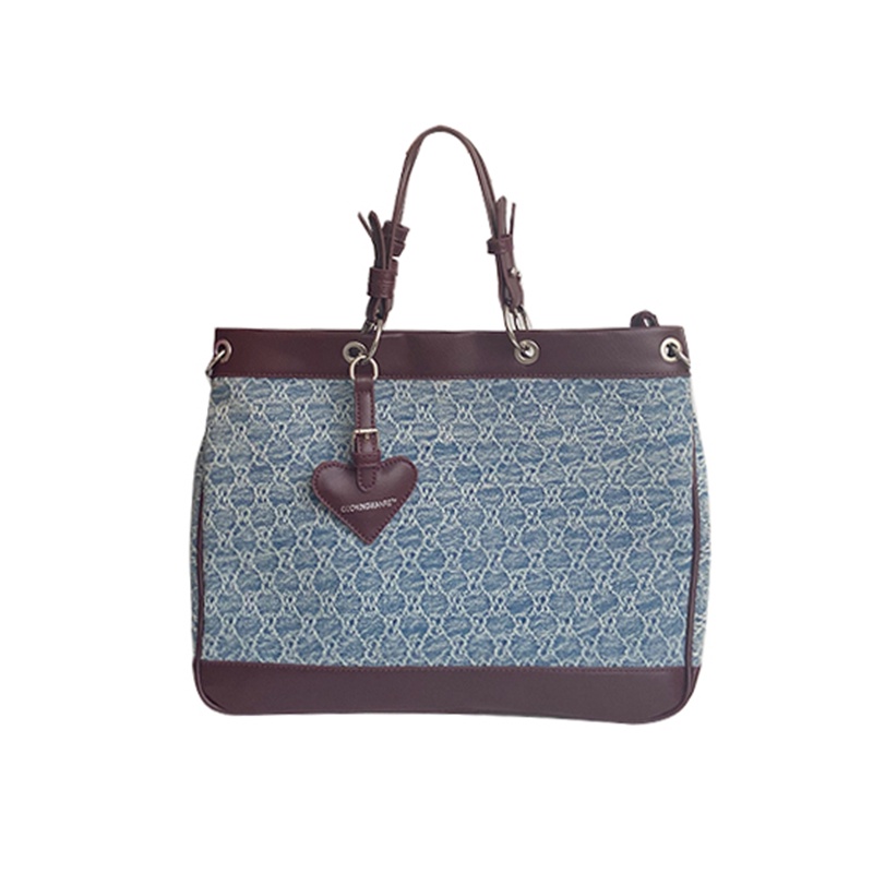 Túi đeo vai IELGY vải denim cỡ lớn phối móc khóa trái tim dành cho nữ