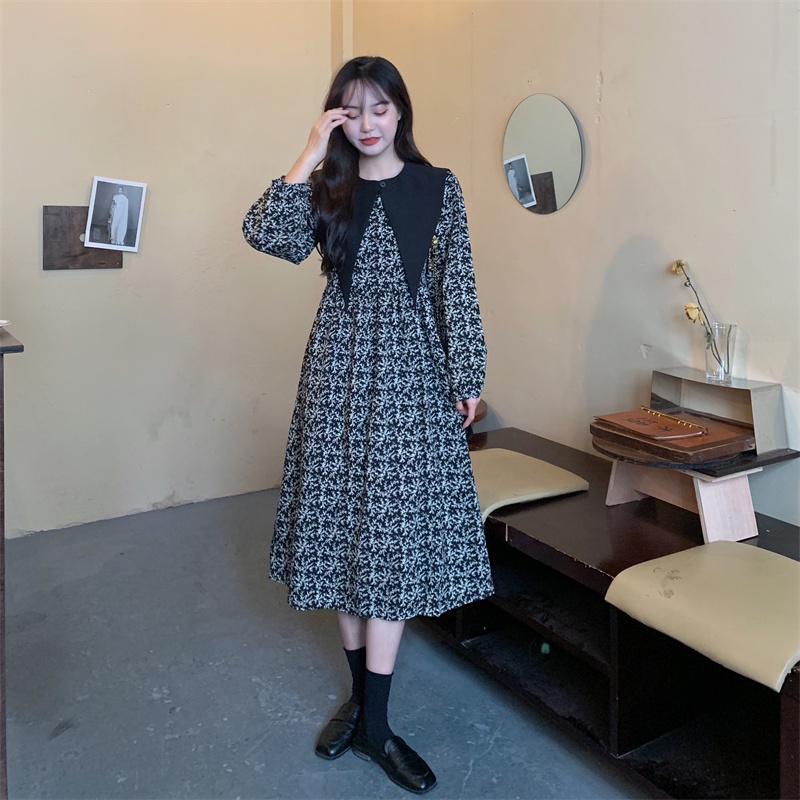Đầm Dài Cổ Búp Bê In Họa Tiết Thời Trang Mùa Thu Hàn Quốc Cho Nữ