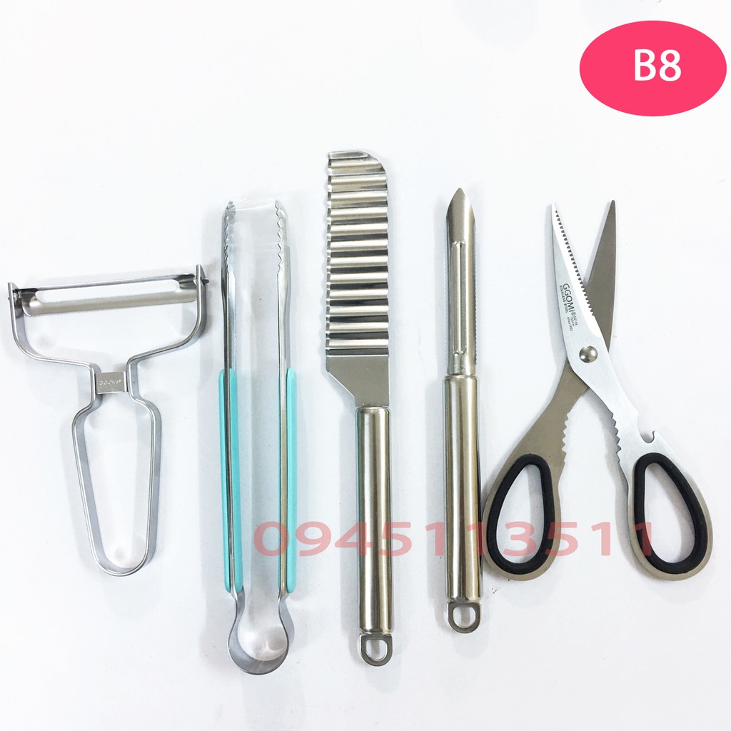 Combo 5 Kéo bếp đa năng, kẹp nóng, dao lột vỏ, nạo, gọt hoa quả nạo Xuất xứ Hàn Quốc