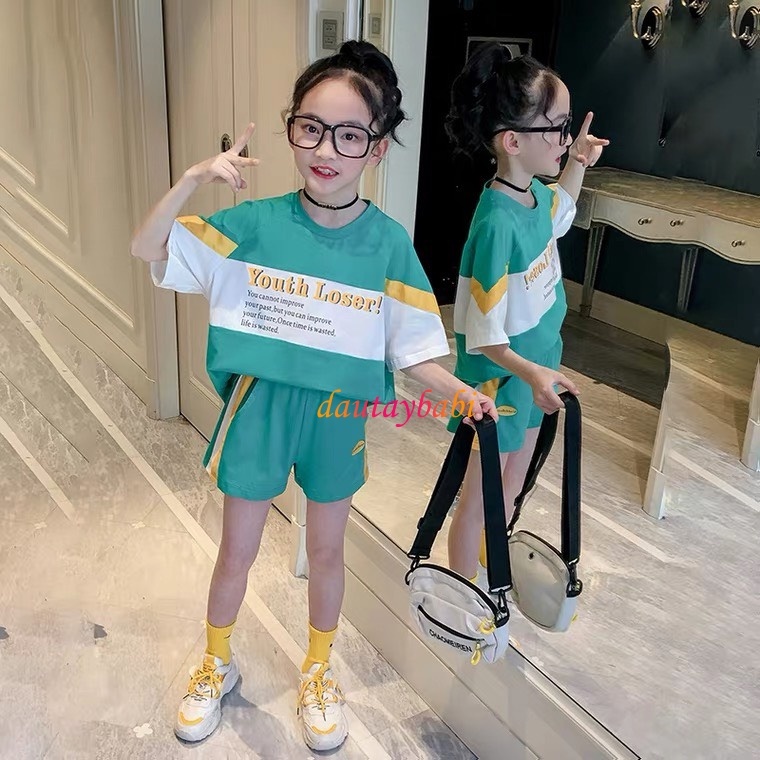 Đồ Bộ thun bé gái thể thao ngắn tay thun cotton mùa hè phối áo và quần  sành điệu cho bé 10-50kg BBG44