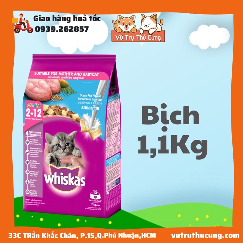 [Mã PET50K giảm Giảm 10% - Tối đa 50K đơn từ 250K] Hạt Whiskas dành cho mèo con 1,1Kg- vị cá biển và sữa