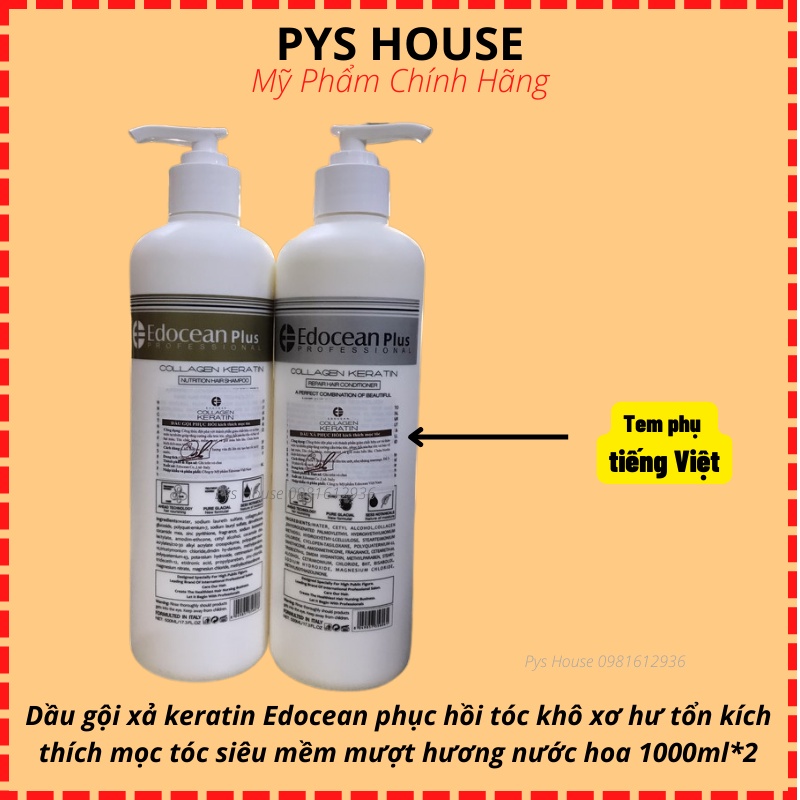 Cặp Dầu Gội Xả Keratin EDOCEAN Kích Mọc Tóc, Phục Hồi Tóc Khô Xơ, Hư Tổn,  Siêu Mềm Mượt, Hương Nước Hoa 1000ml