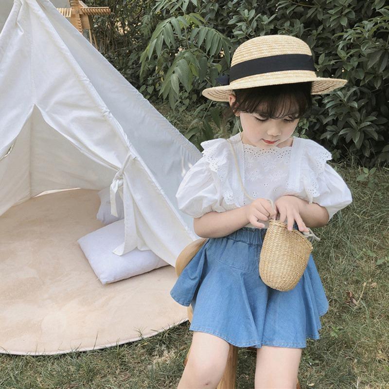 Set chân váy denim và áo thun phối ren dành cho bé gái