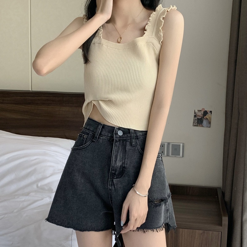 Youyo Áo Tank Top Không Tay Nhún Bèo Dáng Ôm Thời Trang Đi Biển Ngày Lễ