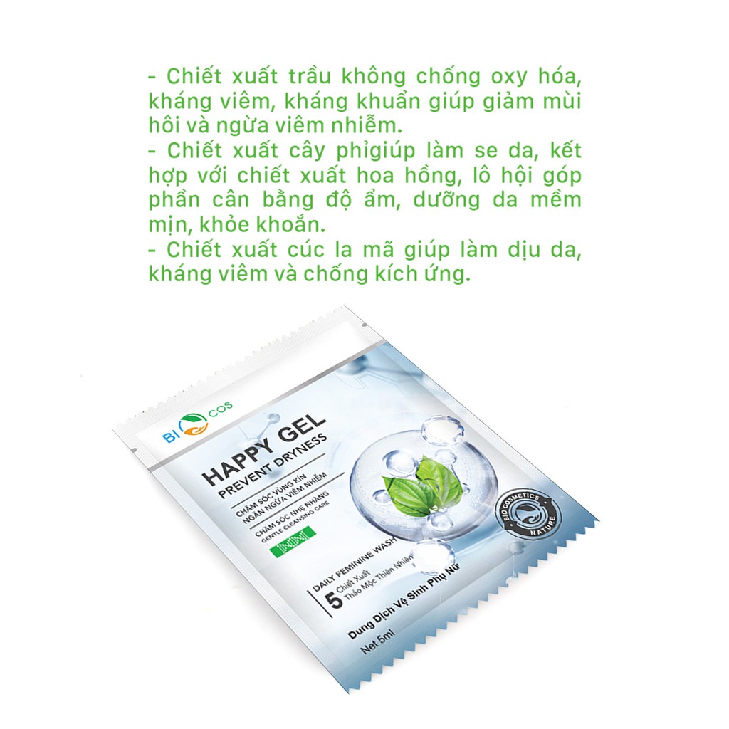 Dung dịch vệ sinh phụ nữ Happy Gel BIOCOS 5ml - Gói nhỏ tiện lợi mang đi mọi nơi