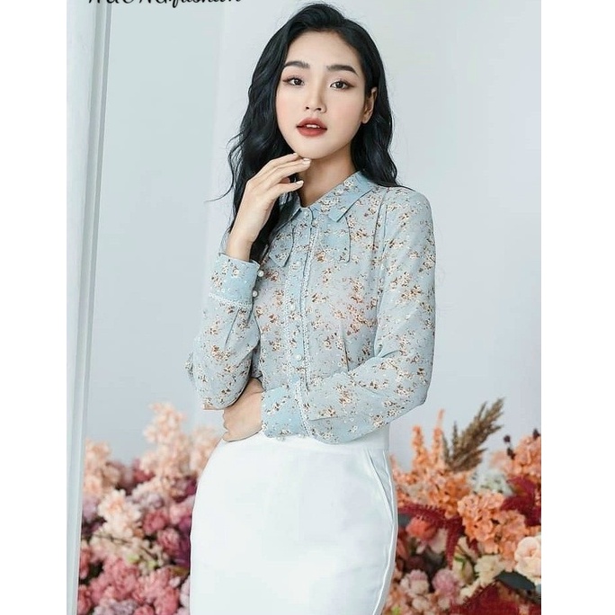 Áo sơ mi Chiffon Hàn Quốc hoa nhí phối ren dài tay thiết kế Tây Collection