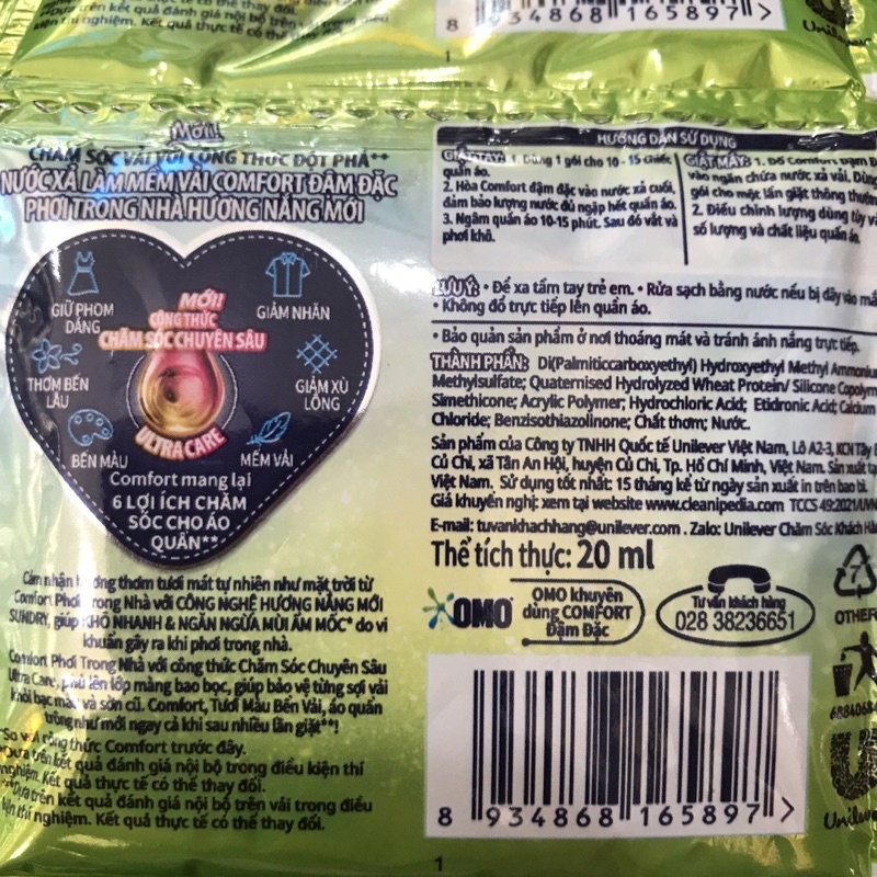 Nước xả vải Comfort một lần xả hương nắng mới dây 20ml x 10 gói