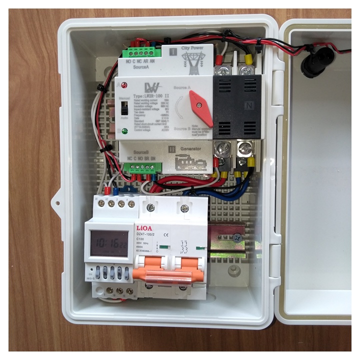 Cầu dao đảo - Tủ điện ATS 100A 220V - Công tắc hẹn giờ NKG5 - Át 2P 100A LiOA