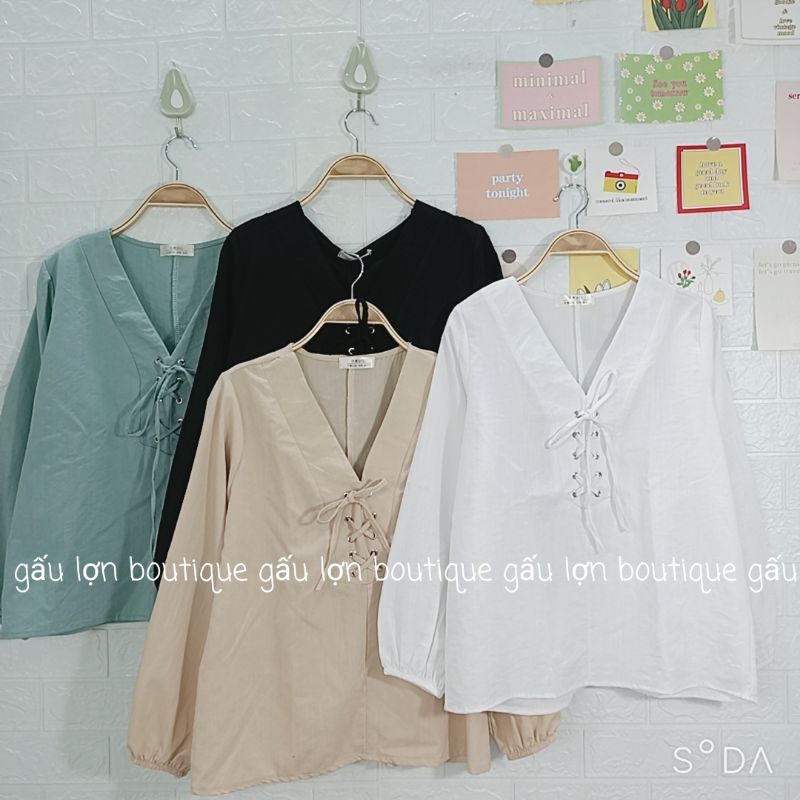 áo sơ mi kiểu cổ v đan dây ngực vintage hàn quốc