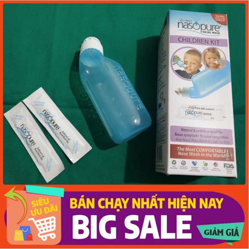 Bình rửa mũi Nasopure Mỹ Rửa mũi xoang cao cấp Children Kit - 1 bình trẻ em + 2 tép muối