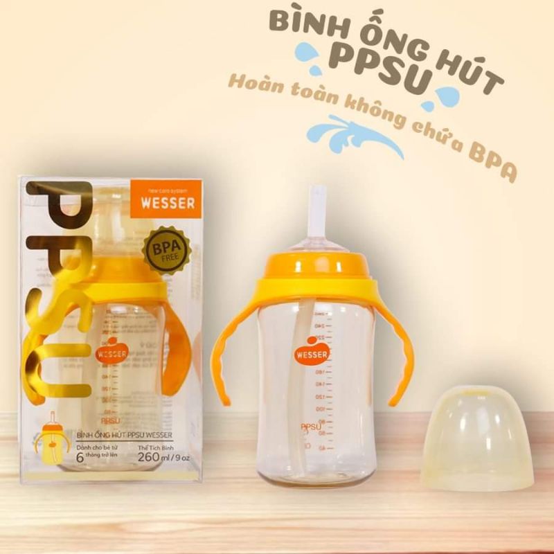 Bình ống hút wesser ppsu cao cấp 260ml 2 chức năng