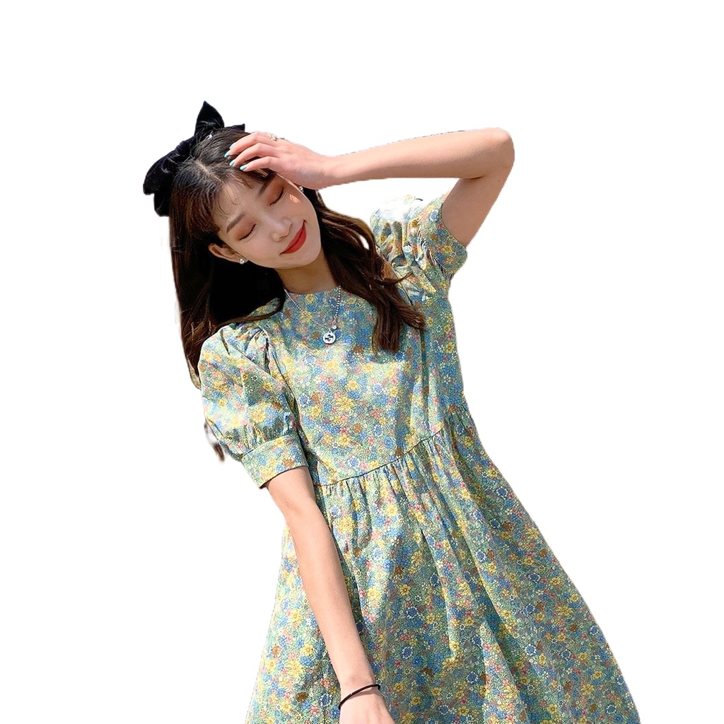 Đầm hoa Perty tay phồng dáng chữ A phong cách Hàn Quốc cho nữ