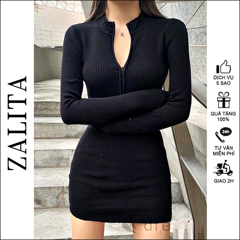 Đầm Body Cổ Cao ZALITA D011 Dáng Váy Ôm Boby Khóa Kéo Chất Vải Len Gân Co Giãn, Thoáng Mát