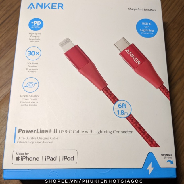 Cáp Anker Powerline+ II c to lightning Powerline + 2 - A8653- 1.8m