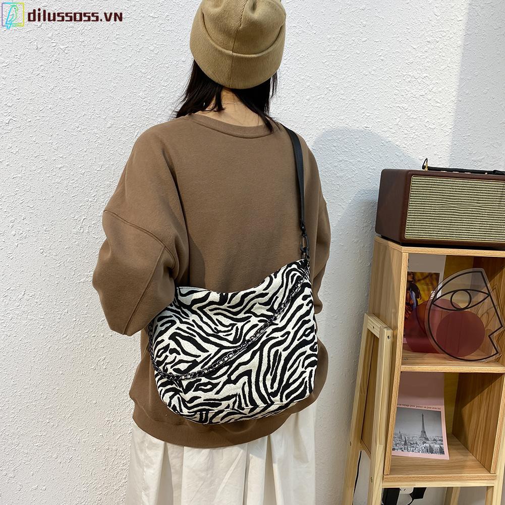 túi đeo chéo Retro Zebra Shoulder Handbag Women Canvas Big Capacity Crossbody Chain Bag