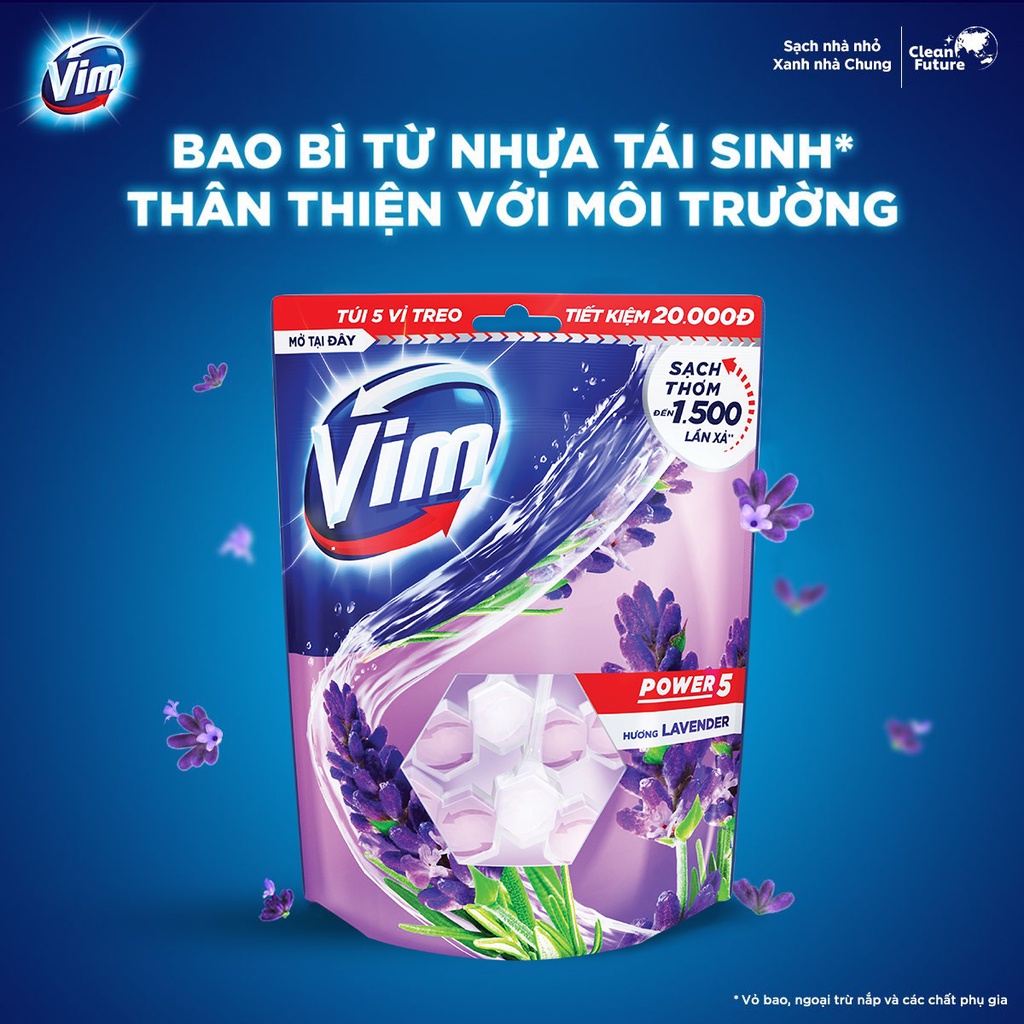 Túi 5 Viên tẩy bồn cầu Vim Power 5 Hương Lavender 275G (5x55G)