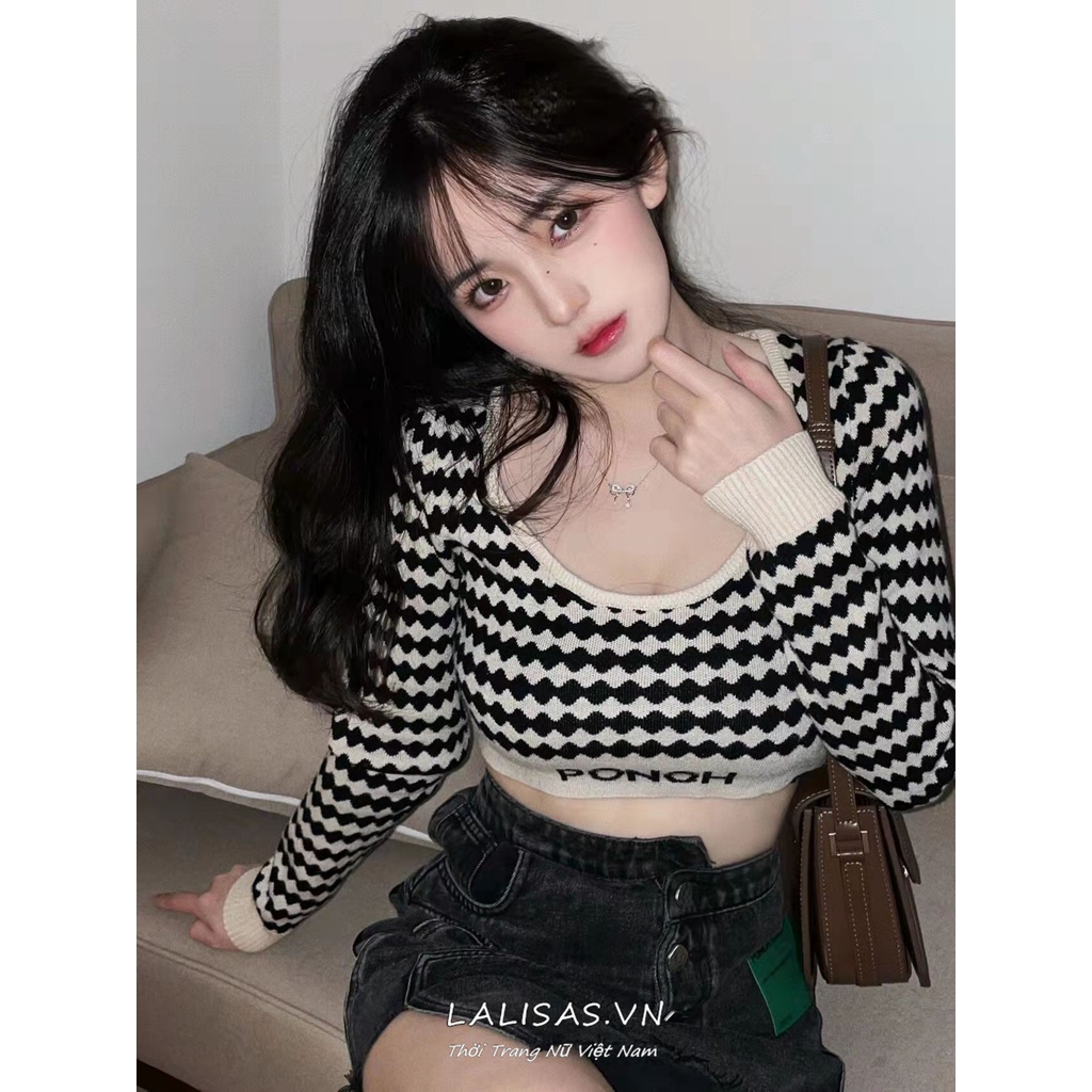 LALISAS Áo Len Dài Tay Kẻ Sọc Phong Cách Hàn Quốc Cho Nữ