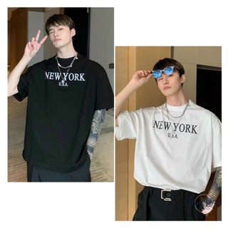 Áo thun tay lỡ new york cotton 100% - đơn giản basic trắng đen form rộng trơn tay lỡ