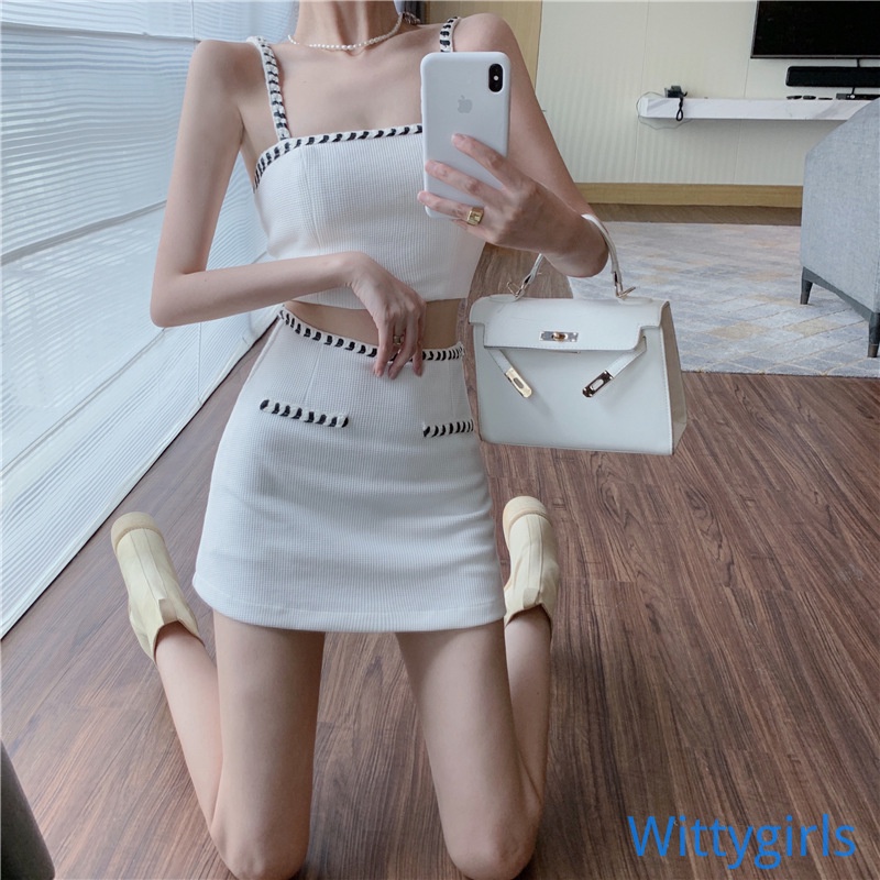 Bộ Áo Tank Top Không Tay Phối Chân Váy Lưng Cao Thời Trang Mùa Hè Cho Nữ