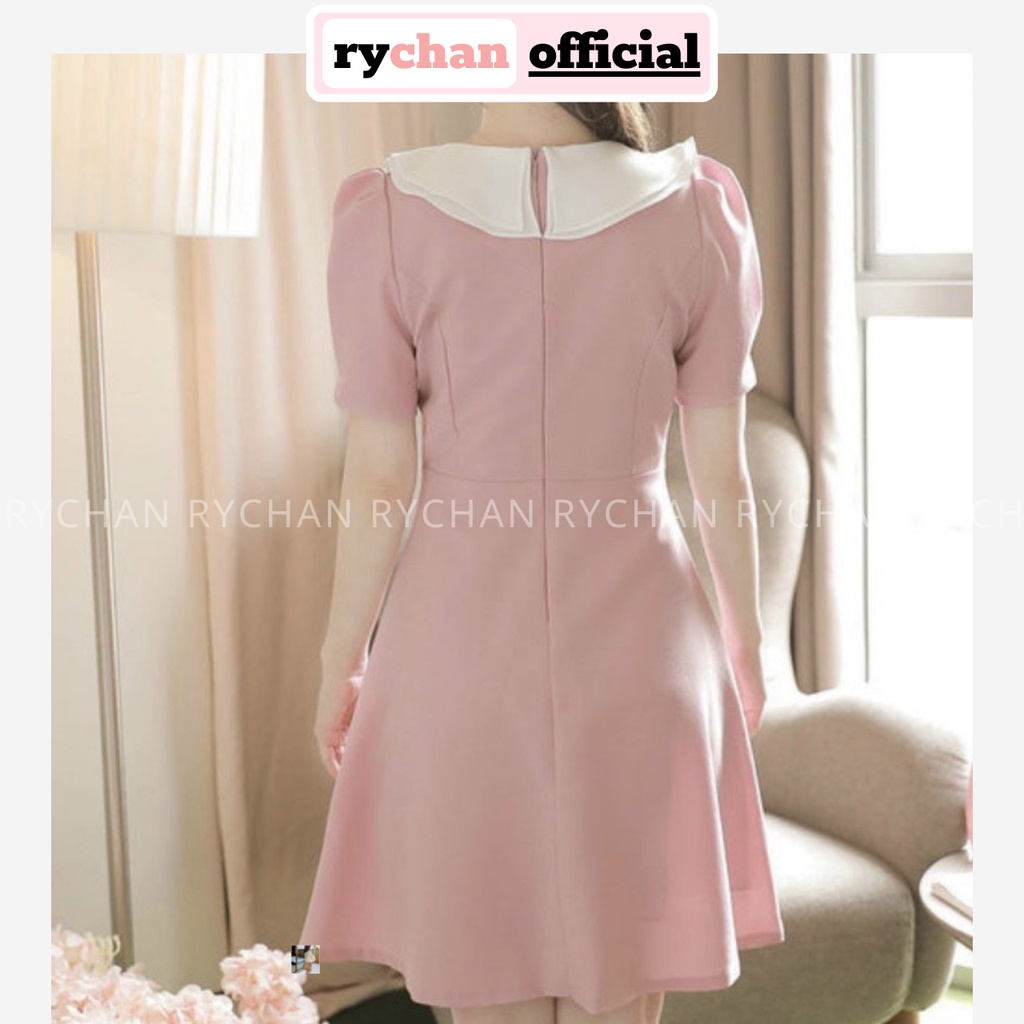 Đầm Xòe Hồng Cổ Bèo Tay Phồng Đính Nút Ngọc Nữ Tính  - DX0098