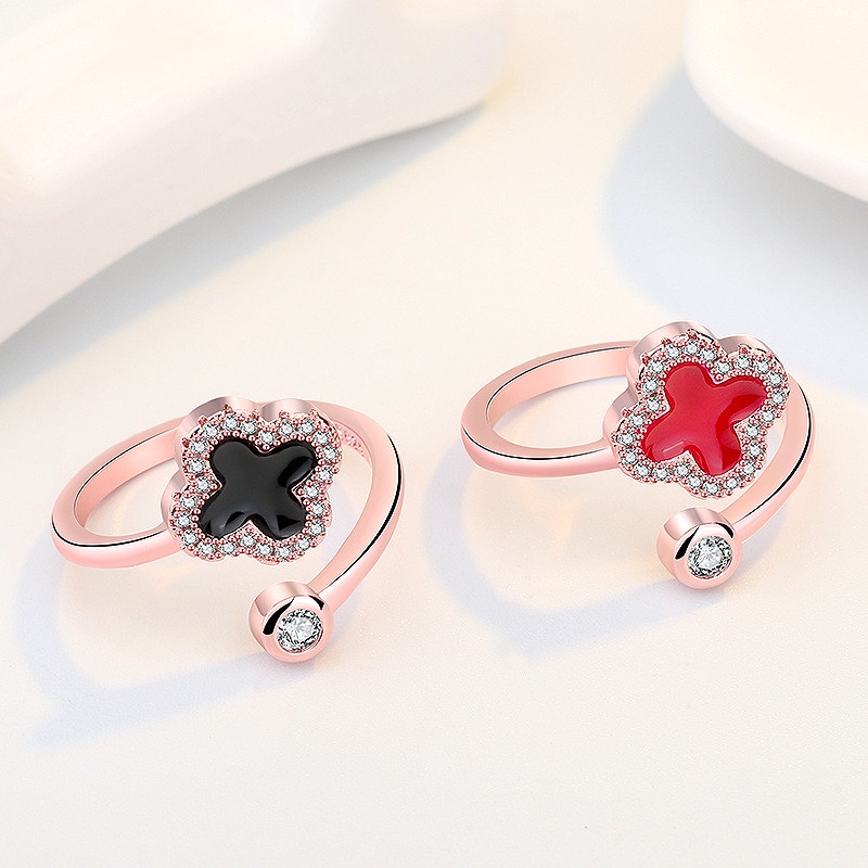Nhẫn Mạ Bạc 925 Hình Cỏ Bốn Lá Đính Đá Zircon