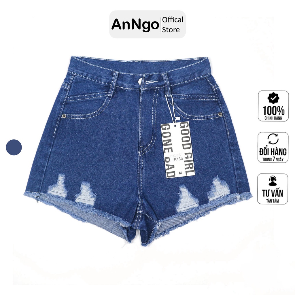 Quần short jean nữ lưng cao phối rách denim cotton, rin ngắn phối rách ANNGO - AT86 A