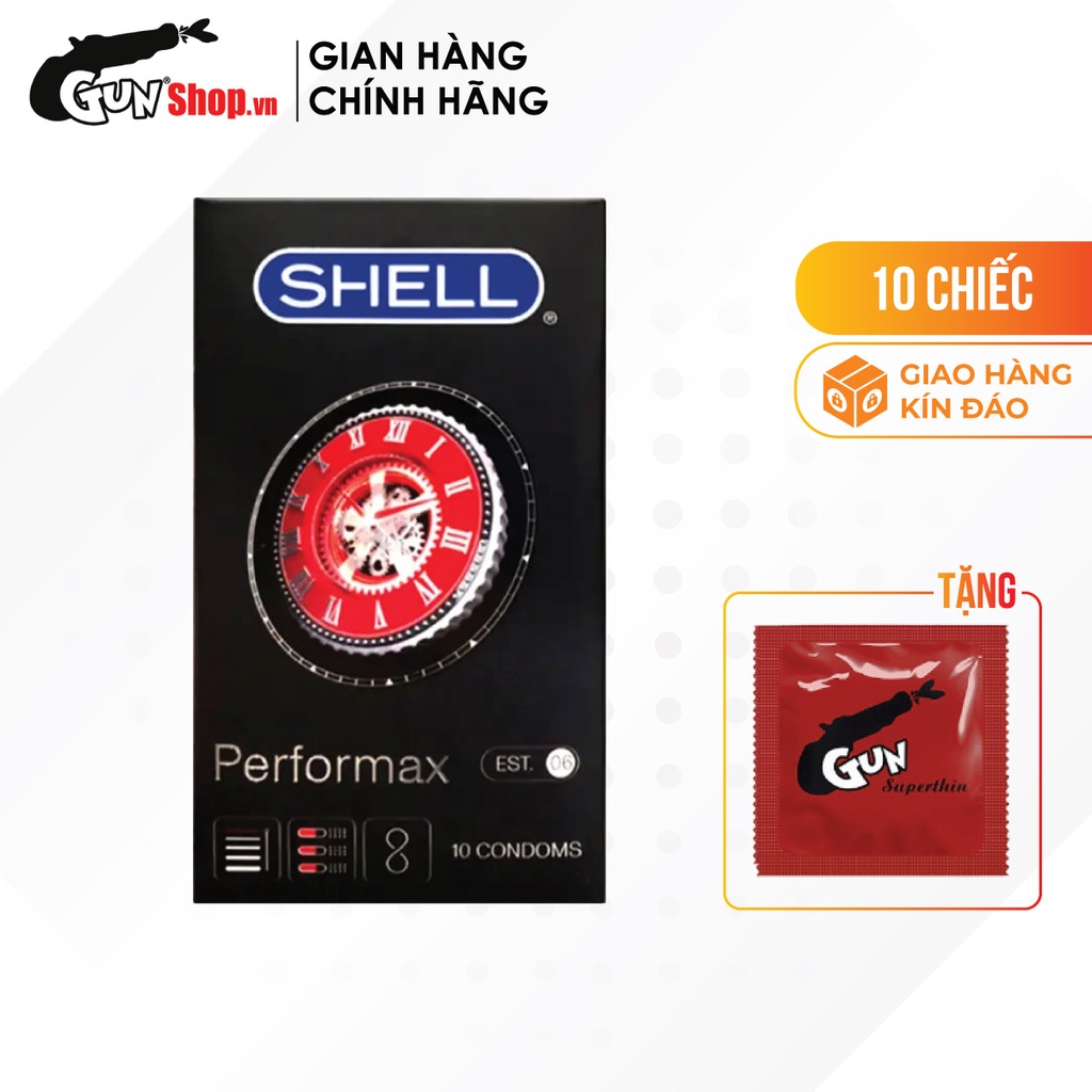 Bao cao su Shell Performax 6 in 1 kéo dài thời gian hộp 10 cái kèm 1 chiếc BCS Gun Super Thin - 0011