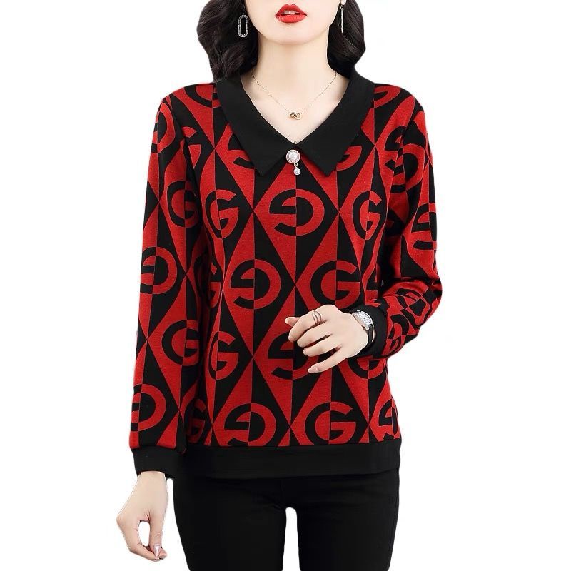 Áo thun tay dài dáng rộng in họa tiết thời trang xuân thu cho phụ nữ trung niên