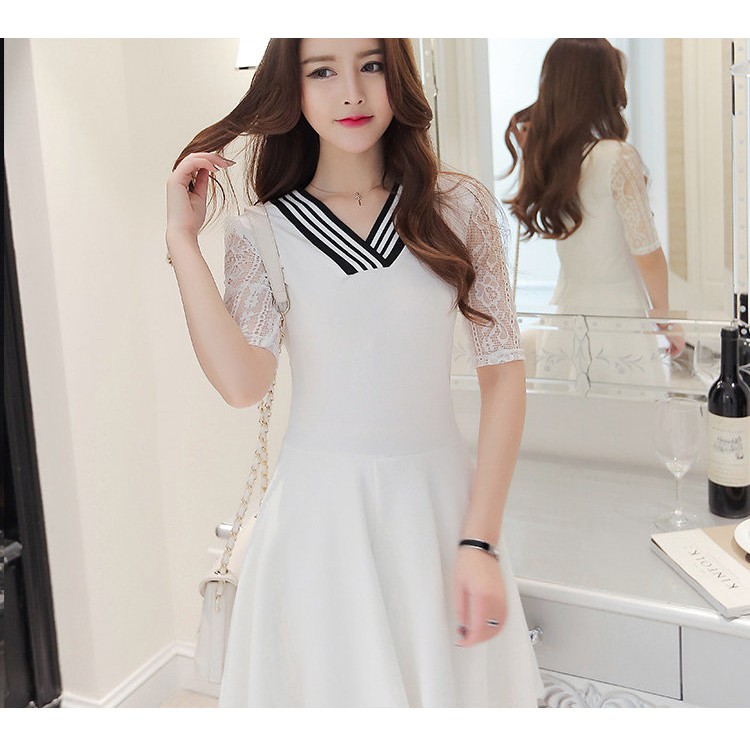 Đầm cổ V phối tay ren – MS0223D