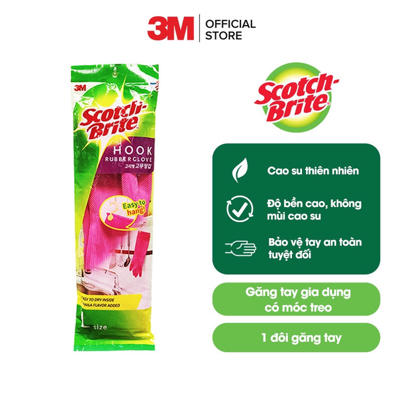 Găng tay gia dụng Scotch Brite 3M 38cm, cao su thiên nhiên, an toàn cho da, có móc treo