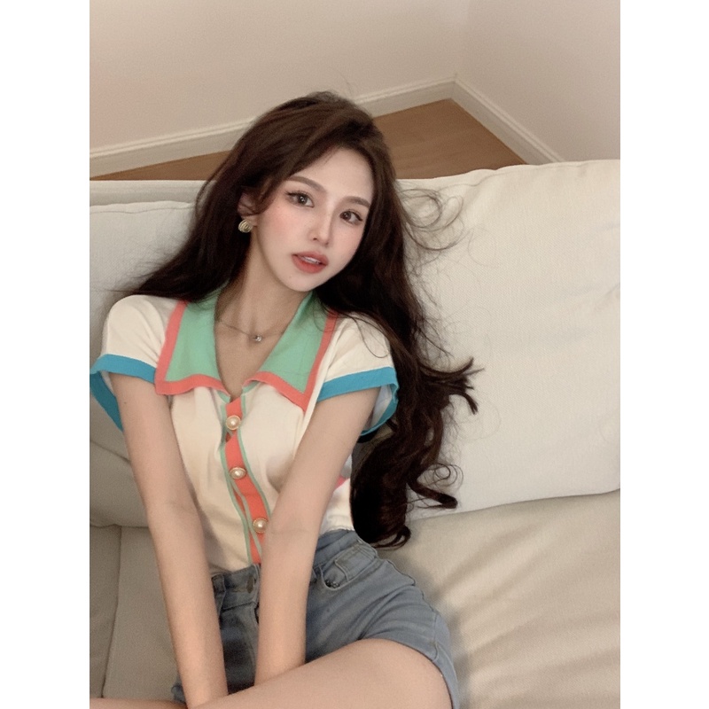 Áo Dệt Kim Ngắn Tay Phối Màu Tương Phản Đáng Yêu Cho Nữ