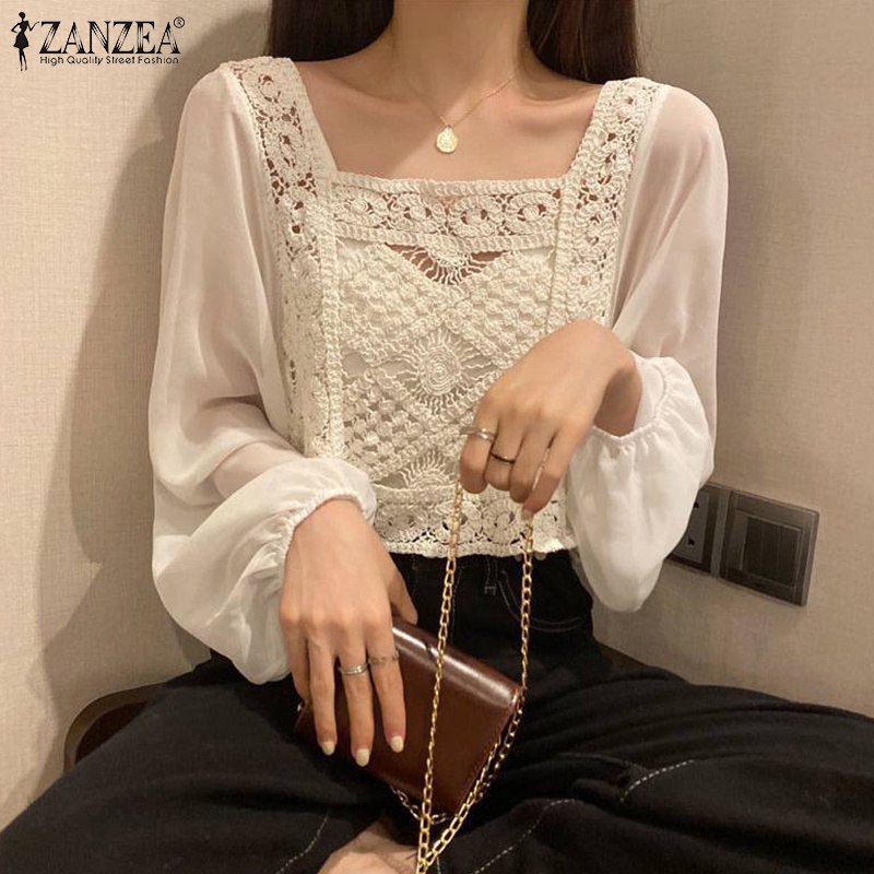 Zanzea Áo Croptop Cổ Vuông Tay Phồng Phong Cách Hàn Quốc Ngọt Ngào Cho Nữ
