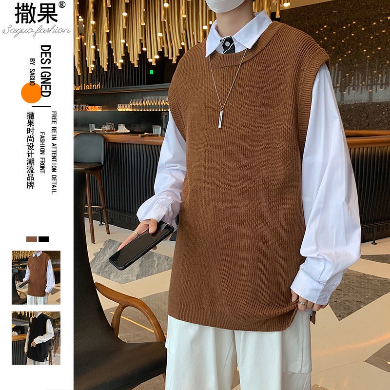 Áo sweater Dệt Kim Sát Nách Cổ Tròn Dáng Rộng Màu Sắc Đơn Giản Phong Cách Nhật Bản Cho Nam Giới