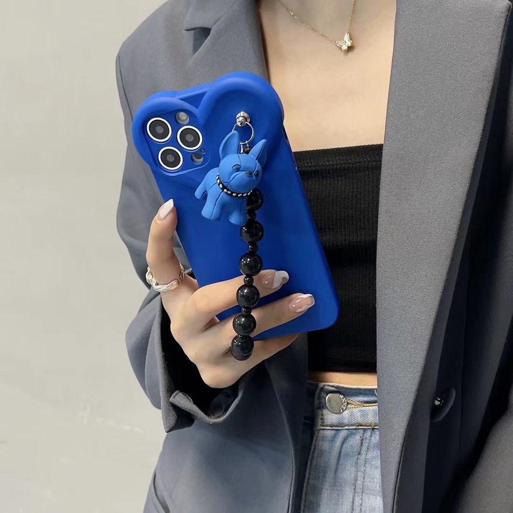 Ốp điện thoại TPU mềm xanh lam phối mặt hình cún và dây đeo thích hợp cho IPHONE X XS XR 11 11 PRO 13 12 11 PRO MAX