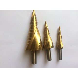 Bộ 3 mũi khoan tháp xoắn HSS mạ titan 4-32mm; Bộ 3 mũi khoan nón; Bộ 3 mũi khoan tầng