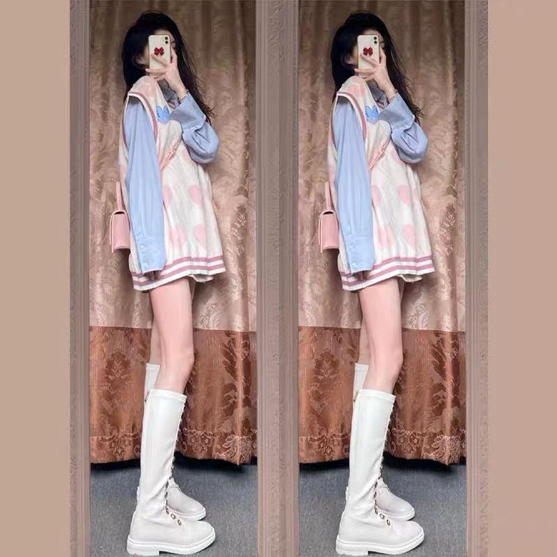 Set Áo Gile Len Cổ Không Đối Xứng Hoạ Tiết Hình Trái Tim Kèm Áo Sơ Mi 💓