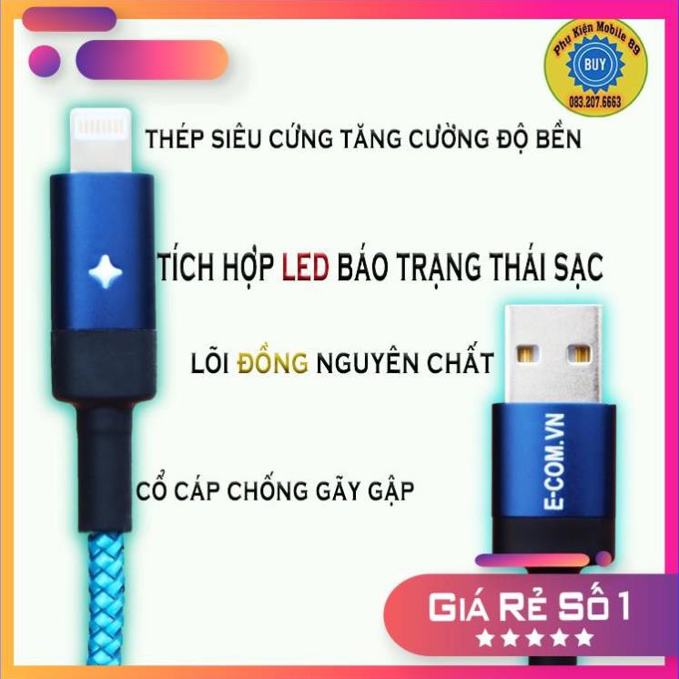 (Sale) Dây Cáp Sạc iphone Tự Ngắt Khi Đầy Pin - Có Đèn Led - Chính hãng E-Com - Bọc dù chống đứt