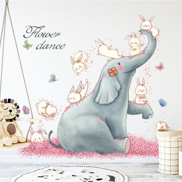 Decal trang trí tường - Chú voi ngồi cùng đàn thỏ