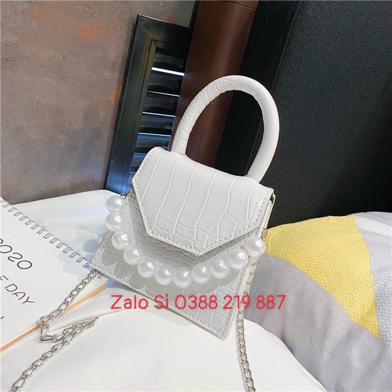 Túi Đeo Chéo Mini Nữ Đẹp Da Rắn Phối Ngọc Có Quai Xách