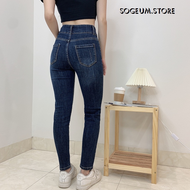 Quần Jean co giãn xước đùi lưng cao màu xanh đậm, quần bò nữ ôm dáng 9011 sogeum.store