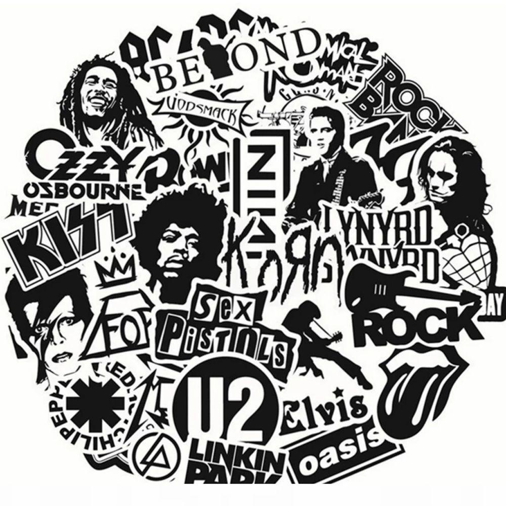 Sticker Dán Tường Chống Thấm Nước Hình Băng Nhạc Rock Trắng Đen Dành Cho Điện Thoại Ván Trượt