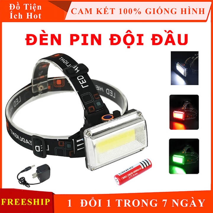 Đèn pin đội đầu siêu sáng pha rộng, COB Led đeo trán 4 chế độ sáng nhiều màu, sạc pin 18650 dung lượng 4800mAh