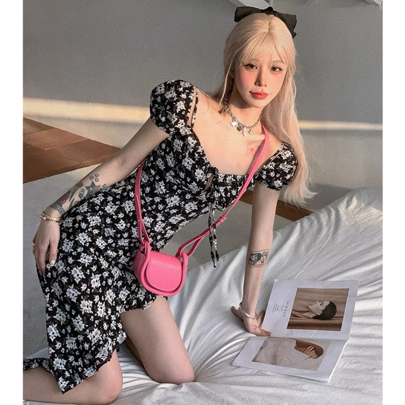 Đầm midi Tay Ngắn Hoạ Tiết Hoa Thiết Kế Xẻ Hợp Thời Trang