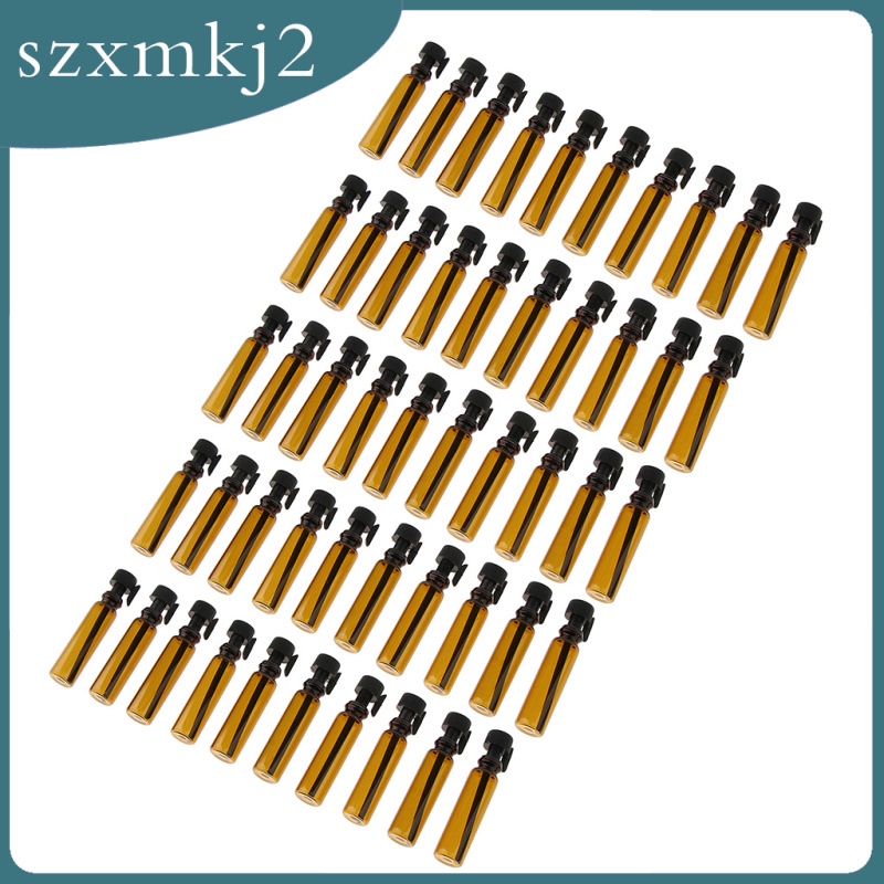 Bộ 50 Lọ Thủy Tinh Nhỏ Giọt Màu Hổ Phách Cho Tinh Dầu 1mL Kèm Nắp Đen