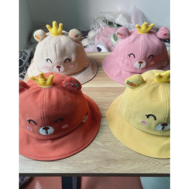 Mũ cho bé trai bé gái vành rộng hoạ tiết gấu cười vương miện , phù hợp 5 tháng - 4 tuổi